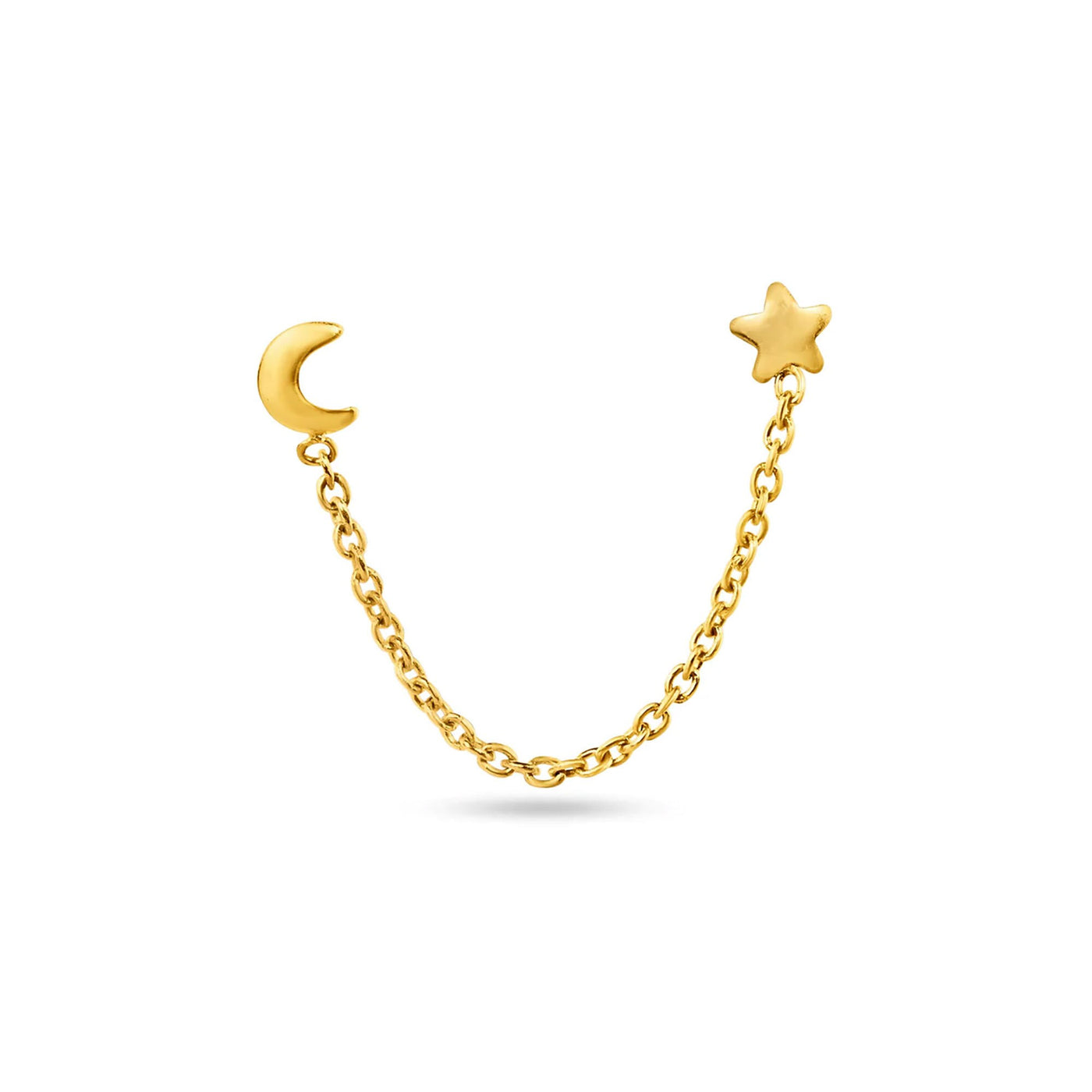 Double Piercing Star & Moon Stud Earring with Chain in 14K Solid Gold (single)